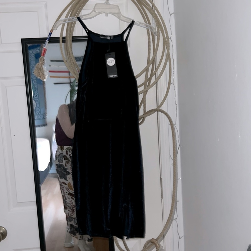 NWT BOOHOO NIGHTS ROYAL BLUE VELVET HIGH NECK LEG SLIT MINI DRESS SIZE 6